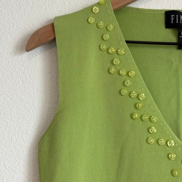 Vintage FINITY Lime Green Button Detail V-Neck Sleeveless Knit Top  L Stretch - Picture 4 of 8